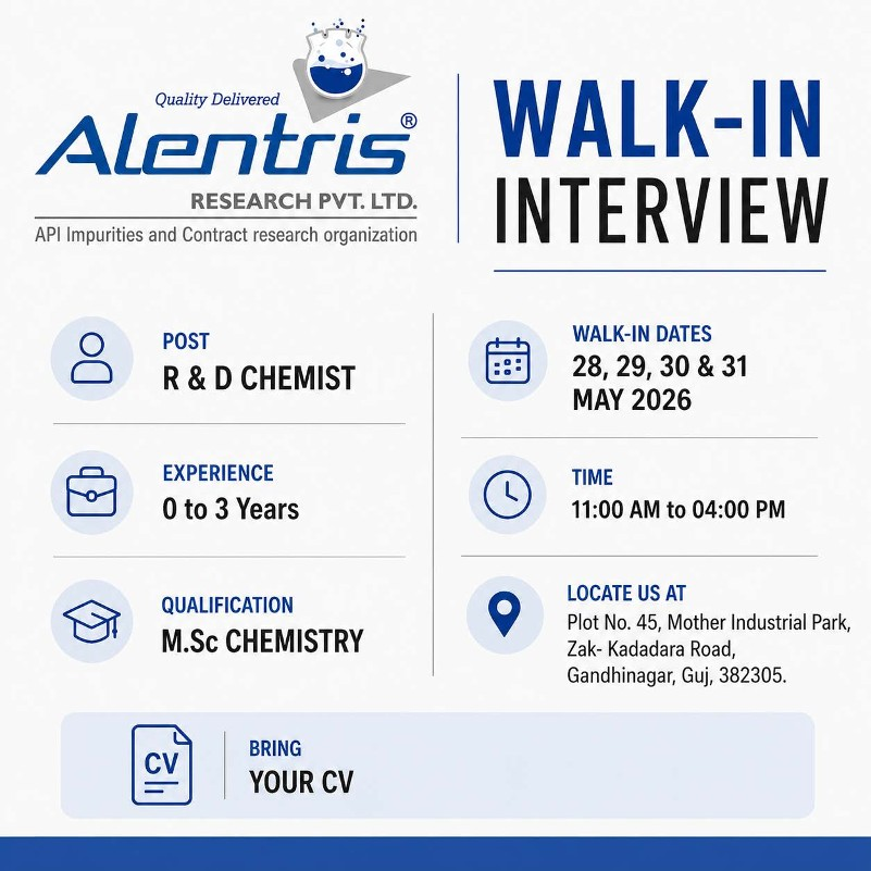 Alentris Research Pvt Ltd Hiring R&D Chemist – Walk-in Interviews Gandhinagar 2026