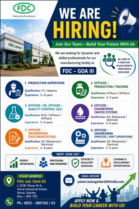FDC Limited Hiring Multiple Positions in Production, QC & Engineering