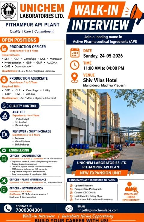 Unichem Laboratories is hiring talented professionals for multiple roles in Production, Quality Control, and Engineering at its expanding Pithampur API Plant.