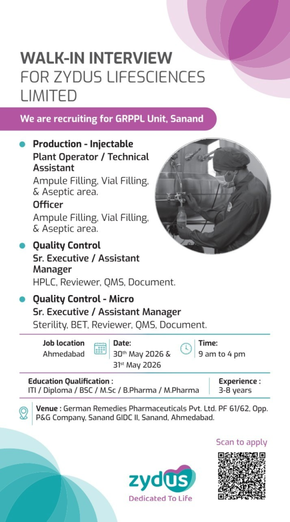 Zydus Lifesciences is hiring experienced professionals for Production Injectable and Quality Control positions at its GRPPL Unit in Sanand.