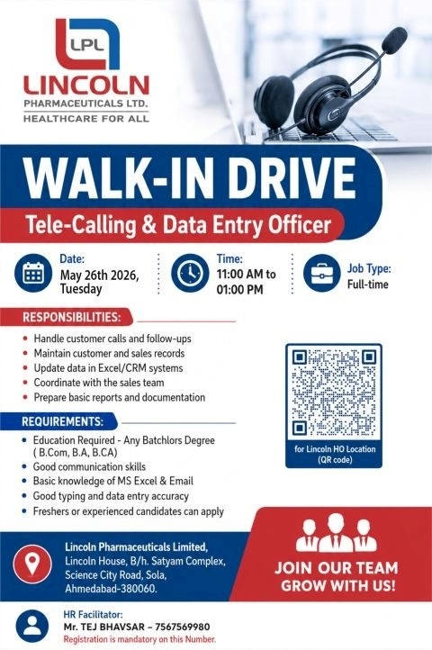 Lincoln Pharmaceuticals is hiring for Tele-Calling & Data Entry Officer positions at its Head Office in Ahmedabad.