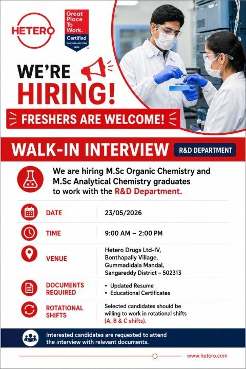 Hetero Drugs is conducting a walk-in interview on 23rd May 2026 for M.Sc Freshers in Organic Chemistry and Analytical Chemistry.
