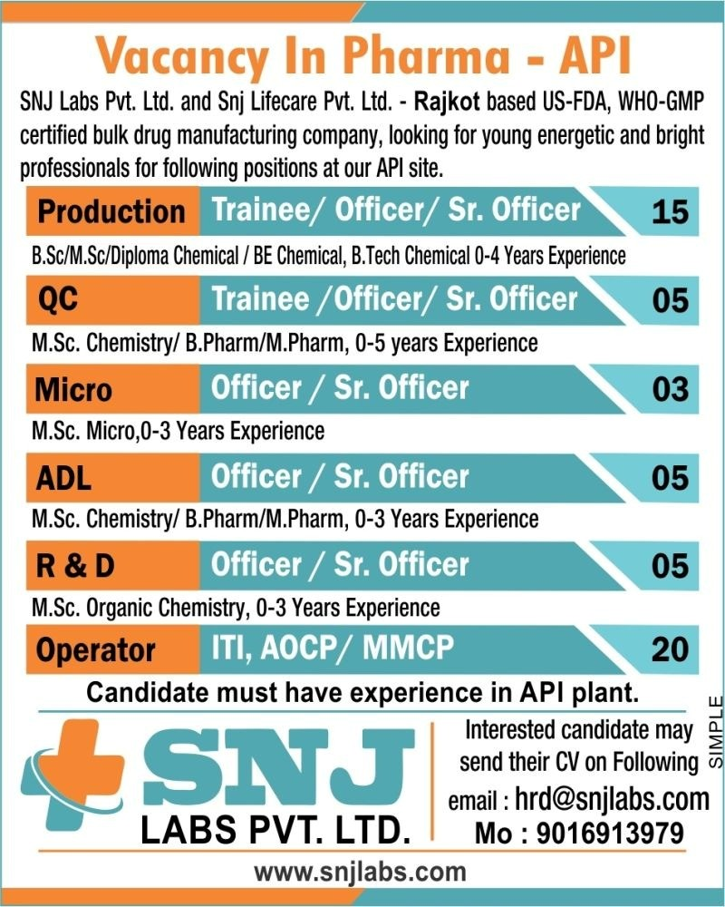 SNJ Labs Pvt. Ltd. is hiring freshers and experienced professionals for Production, QC, Micro, ADL, R&D, and Operator roles at its USFDA & WHO-GMP certified API manufacturing facility in Rajkot.