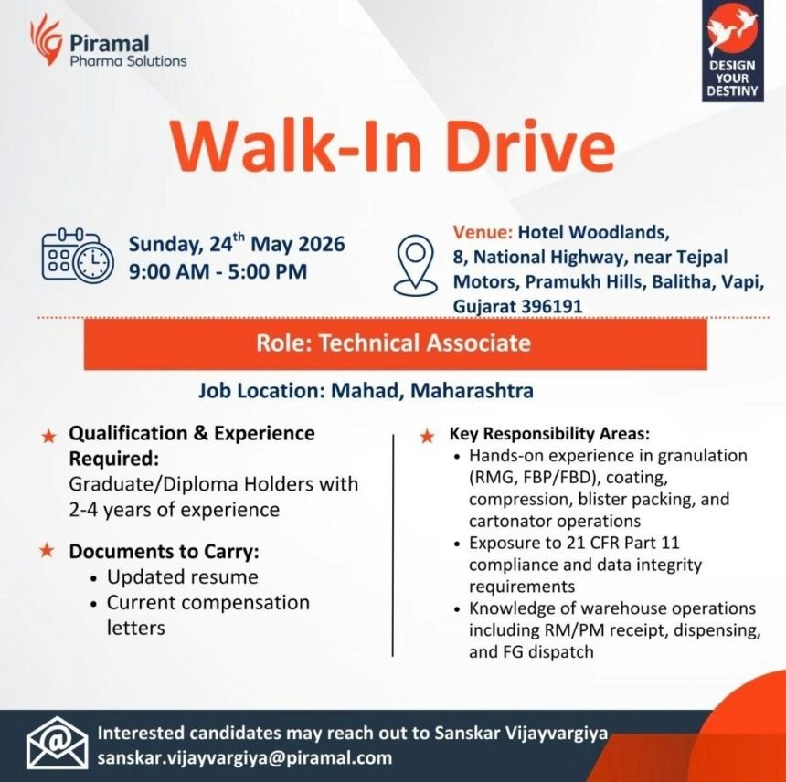 Piramal Pharma Solutions is hiring talented professionals for Executive - Engineering, Executive - Production, and Technical Associate roles at its Mahad facility. Join this leading pharma company in a walk-in interview on 24th May 2026 at Vapi, Gujarat. 