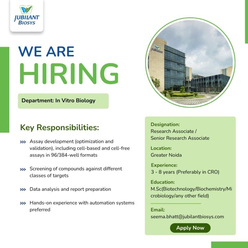 Jubilant Biosys is hiring talented Research Associates and Senior Research Associates for their In Vitro Biology department in Greater Noida.