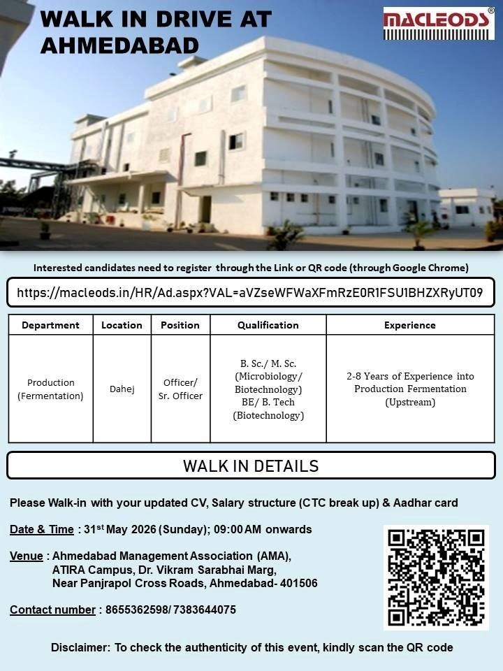 Macleods Pharmaceuticals is conducting a walk-in interview in Ahmedabad for Production (Fermentation) roles.