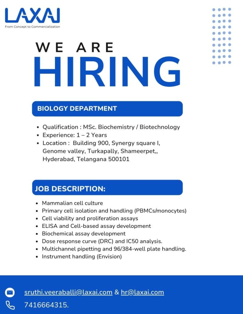 LAXAI Life Sciences is hiring talented professionals with MSc in Biochemistry or Biotechnology for their Biology Department.