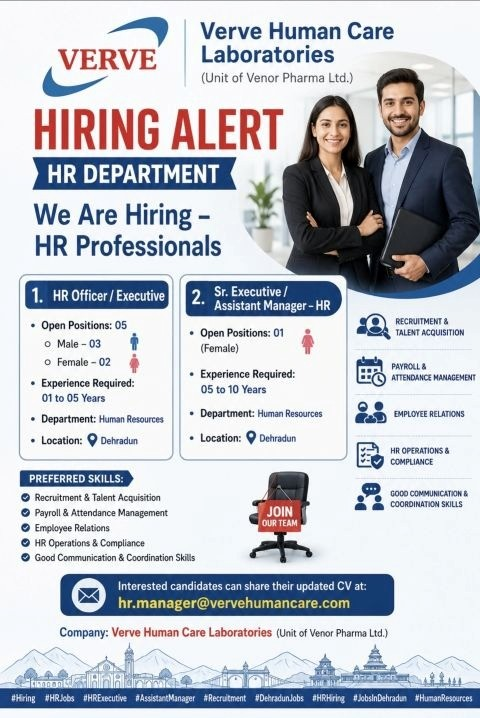 Verve Human Care Laboratories (Unit of Venor Pharma Ltd.) is hiring dynamic HR professionals for multiple roles in the Human Resources department.