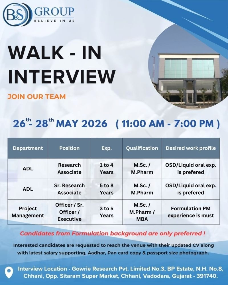 Gowrie Research Pvt. Limited (BS Group) is conducting a walk-in interview on 26th & 28th May 2026 for Research Associate and Project Management roles