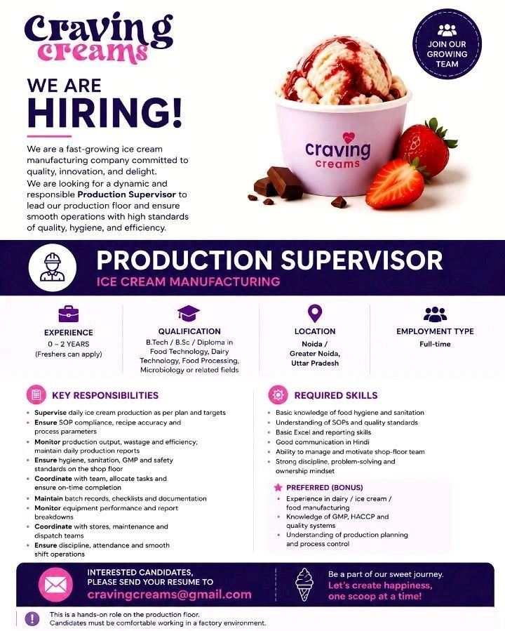 Craving Creams, a fast-growing ice cream manufacturing company, is hiring a dynamic Production Supervisor.