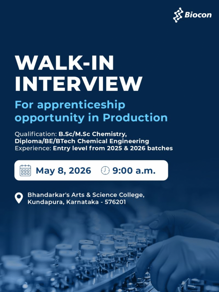 Biocon Walk-In Interview for Apprenticeship in Production on 8th May 2026