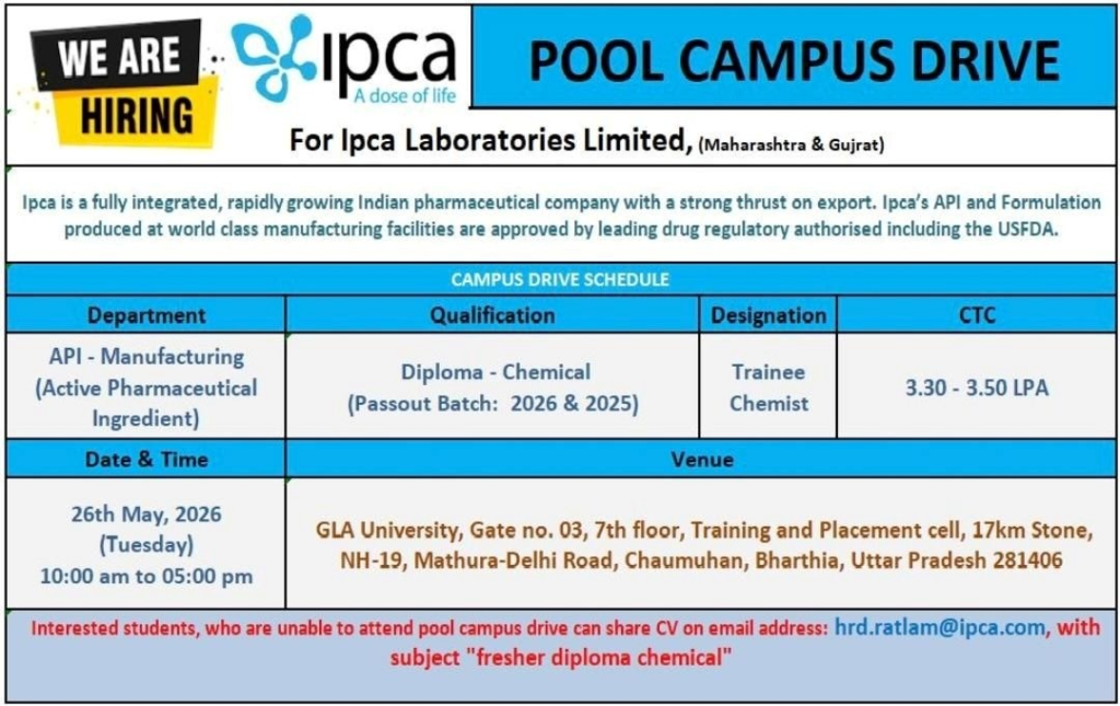 Ipca Laboratories is conducting a Pool Campus Drive on 26th May 2026 for Diploma Chemical students (2025 & 2026 batch) as Trainee Chemist in API Manufacturing.