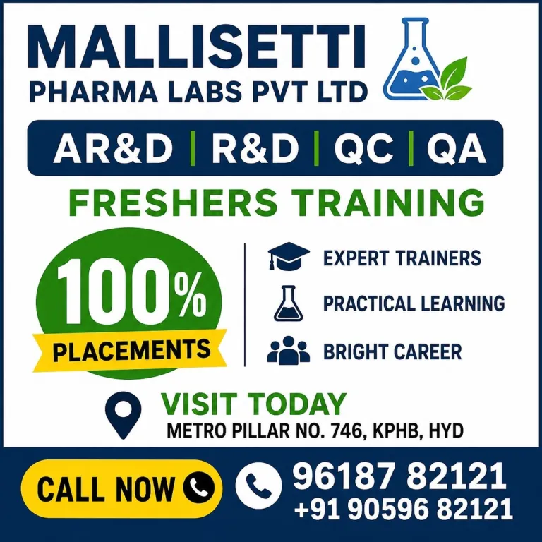 Mallisetti Pharma Labs Pvt Ltd offers expert training with 100% placements in AR&D, R&D, QC, and QA departments.