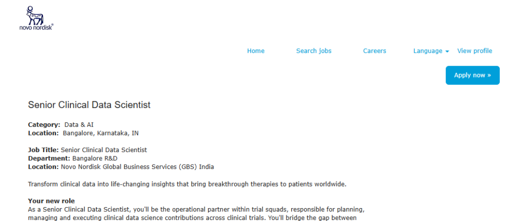 Novo Nordisk is hiring a Senior Clinical Data Scientist in Bangalore.