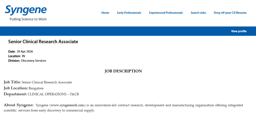 Syngene Hiring Senior Clinical Research Associate