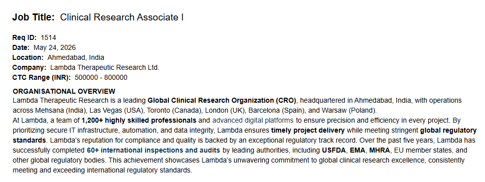 Lambda Therapeutic Research is hiring a Clinical Research Associate I.