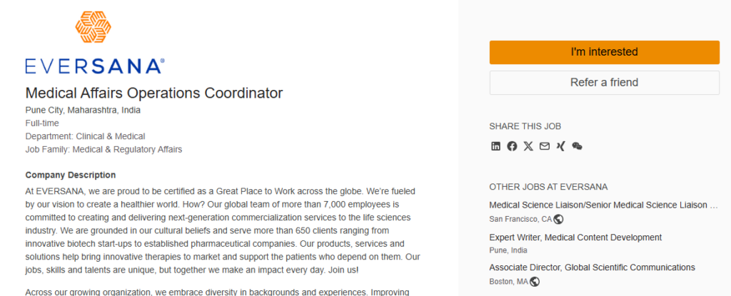 EVERSANA is hiring a Medical Affairs Operations Coordinator. Great opening for professionals seeking pharmaceutical careers in India in medical affairs and operations.