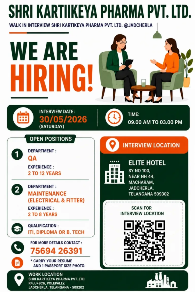 Shri Kartikeya Pharma is conducting a walk-in interview on 30th May 2026 for QA and Maintenance positions at their Jadcherla plant in Telangana.
