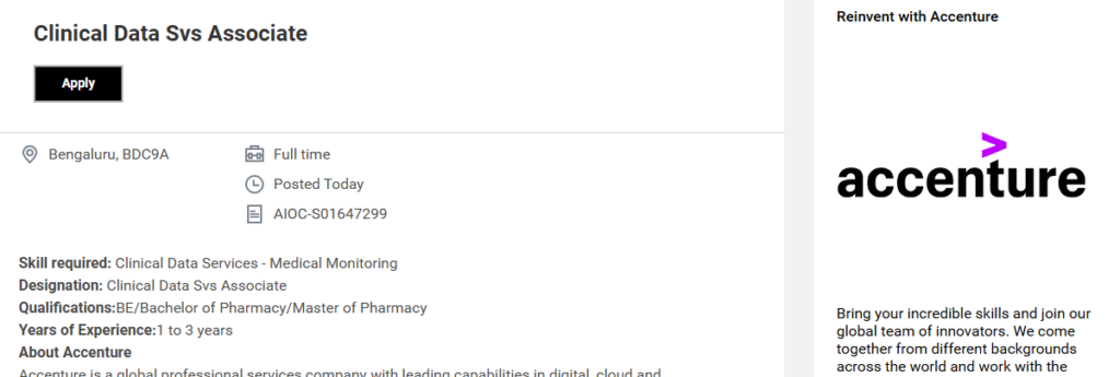 Clinical Data Services Associate for its Life Sciences division in Bengaluru.