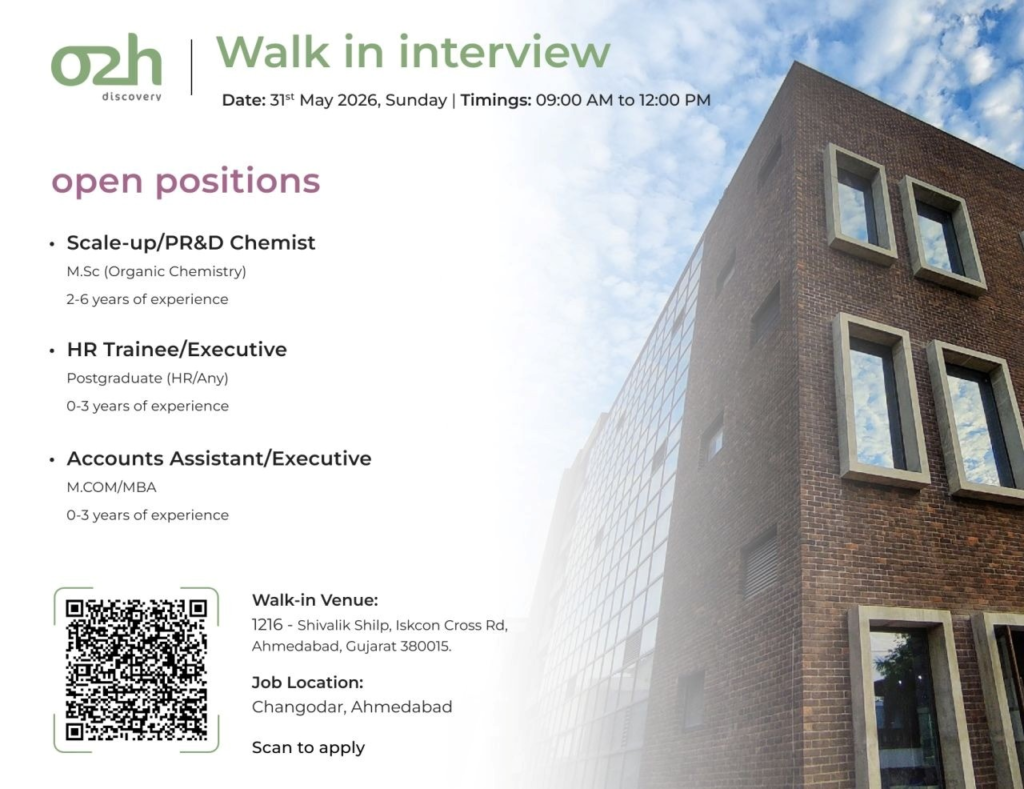 walk-in interview on 31st May 2026 for Scale-up/PR&D Chemist, HR Executive, and Accounts positions in Ahmedabad. 