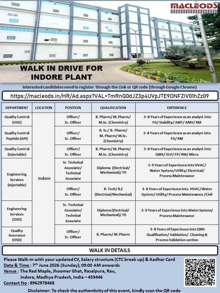 Macleods Pharmaceuticals is conducting a walk-in interview on 7th June 2026 for multiple positions in Quality Control, Quality Assurance, and Engineering Services at their Indore plant.
