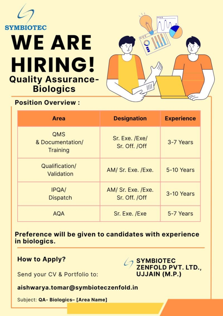  Symbiotec Zenfold Pvt. Ltd. is hiring experienced professionals for multiple QA jobs in Biologics at their Ujjain facility.