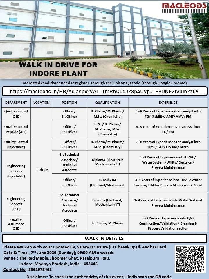 Macleods Pharmaceuticals is conducting a walk-in drive for experienced professionals in QC Jobs, QA Jobs, and Engineering roles at its Indore plant.