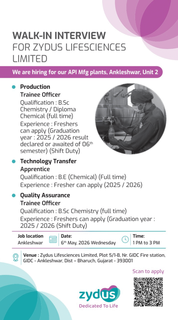 Zydus Lifesciences Walk-In Interview for Freshers on 6th May 2026