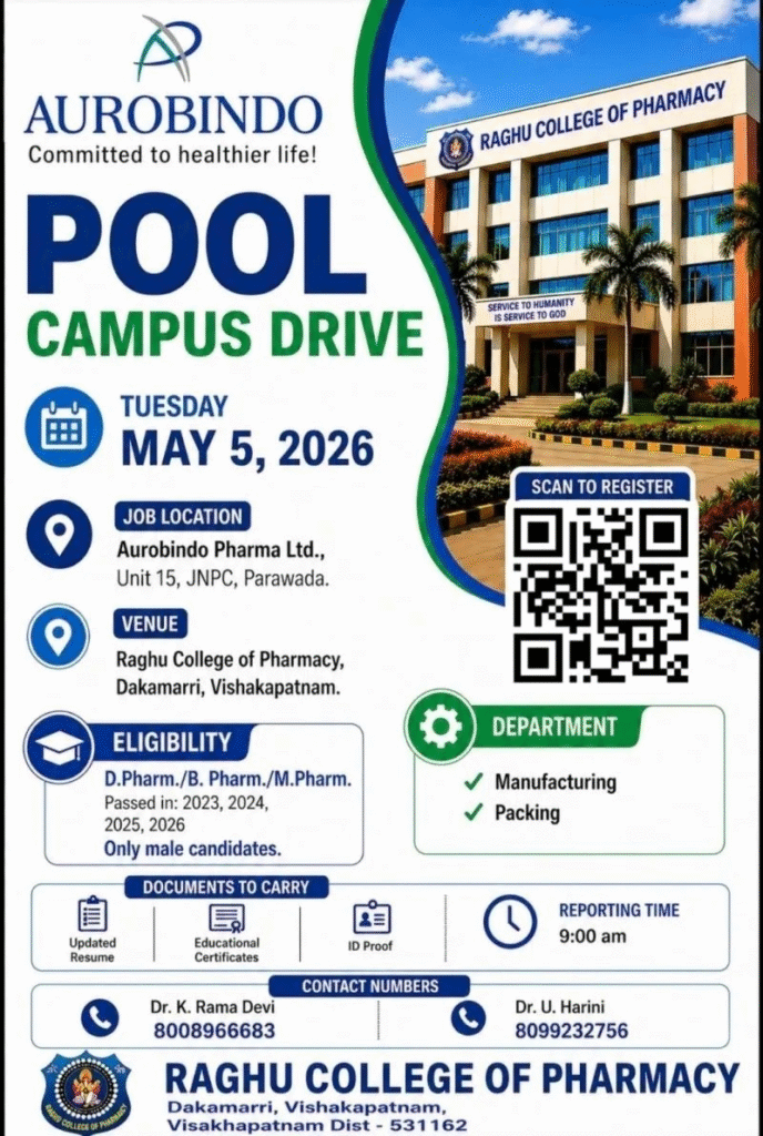 Aurobindo Pharma is organizing a Pool Campus Drive on 5th May 2026 at Raghu College of Pharmacy for pharma jobs in Manufacturing and Packing departments. 