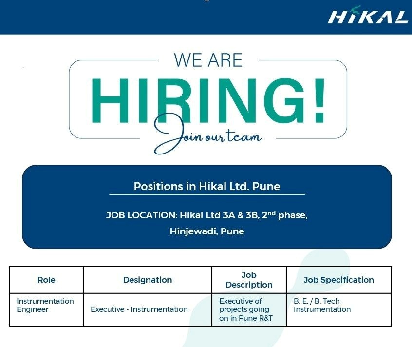Hikal Ltd is hiring an Instrumentation Engineer for the Executive position at its Research & Technology (R&T) facility in Hinjewadi, Pune.