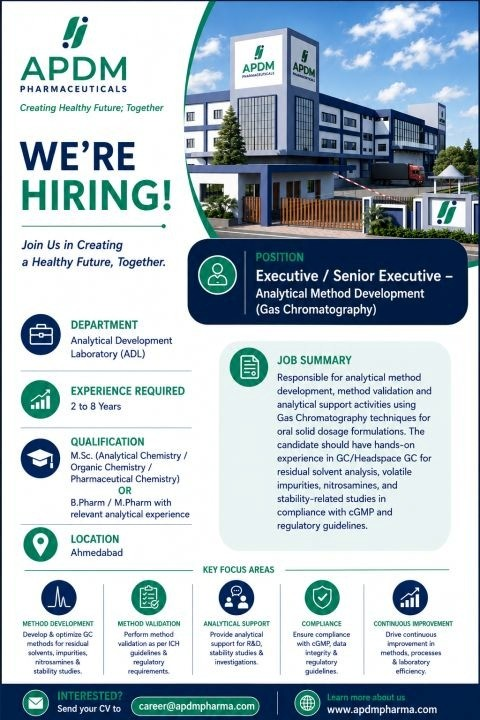 APDM Pharmaceuticals is hiring an experienced professional for Executive / Senior Executive role in Analytical Method Development using Gas Chromatography.