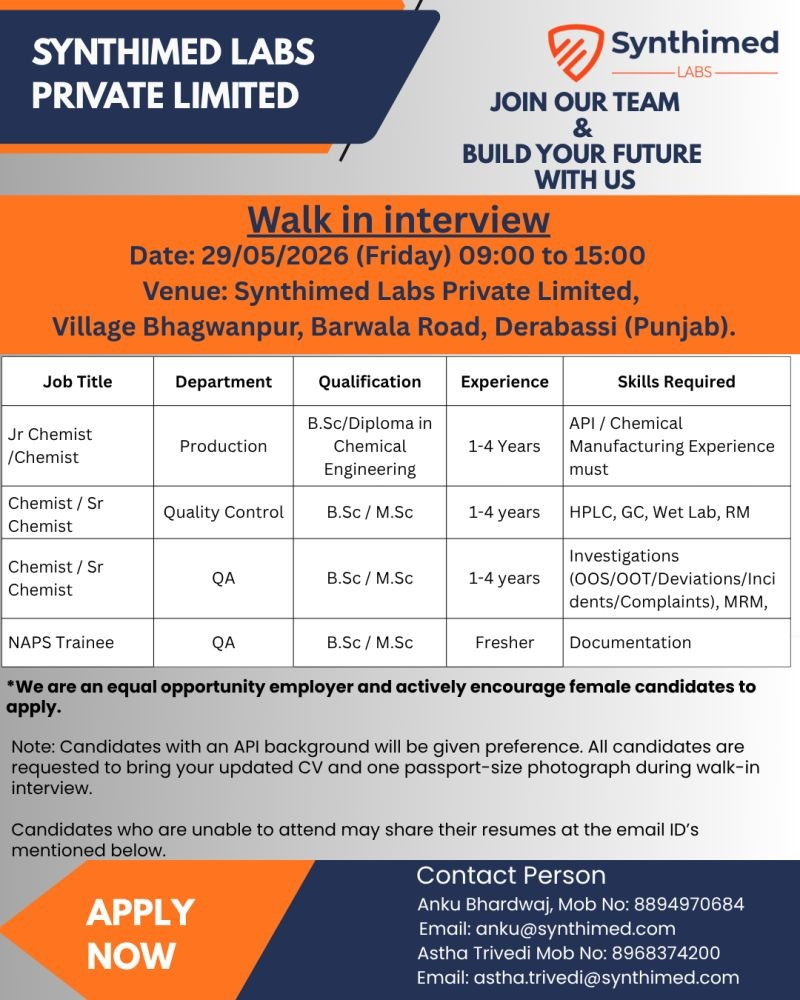 Synthimed Labs Hiring Jr Chemist, Chemist & QA Professionals – Walk-in Interview Derabassi on 29th May 2026