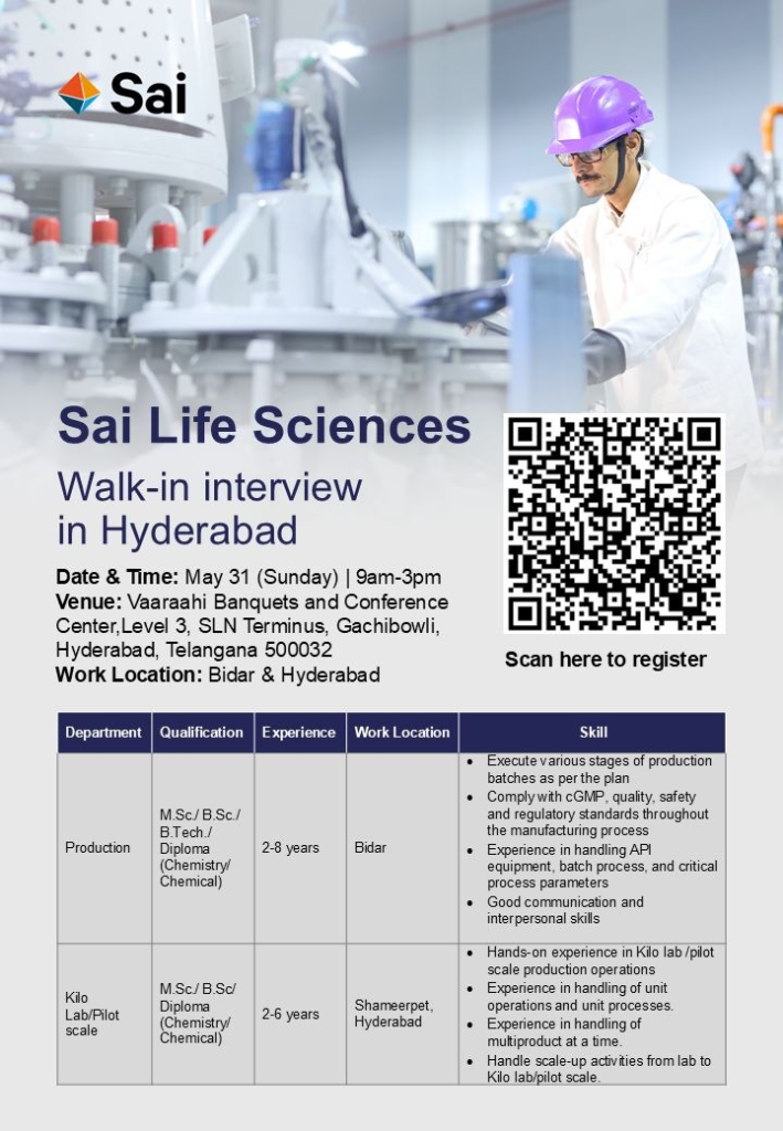 Sai Life Sciences Hiring Production Professionals (Kilo Lab & Pilot Scale) – Walk-in Interview Hyderabad on 31st May 2026