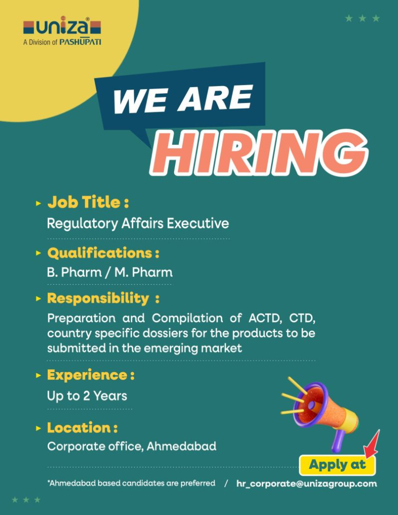 Uniza Hiring Freshers for Regulatory Affairs Executive