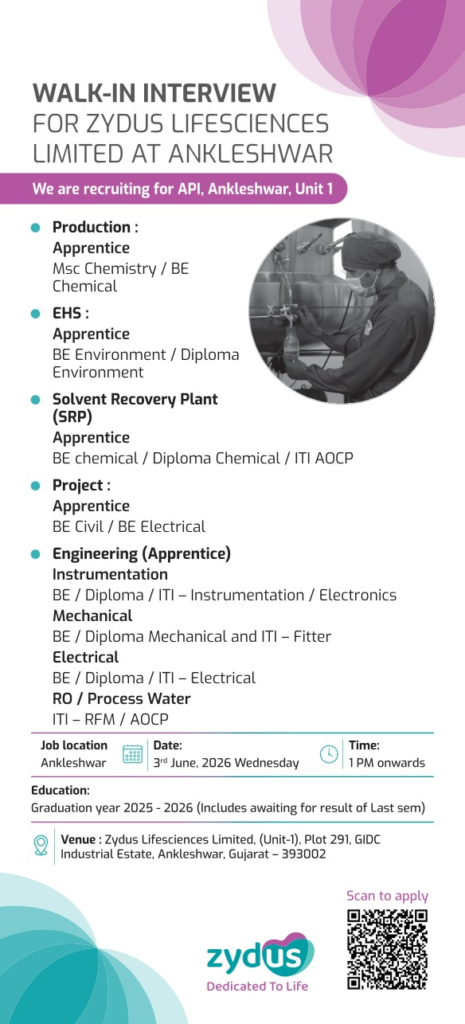 Zydus Lifesciences Hiring Freshers as Apprentices – Walk-in Interview Ankleshwar on 3rd June 2026