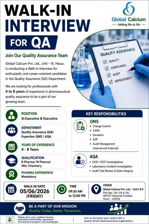 Global Calcium Pvt. Ltd. is conducting a walk-in interview for QA Jobs in QMS and AQA at its Hosur facility.