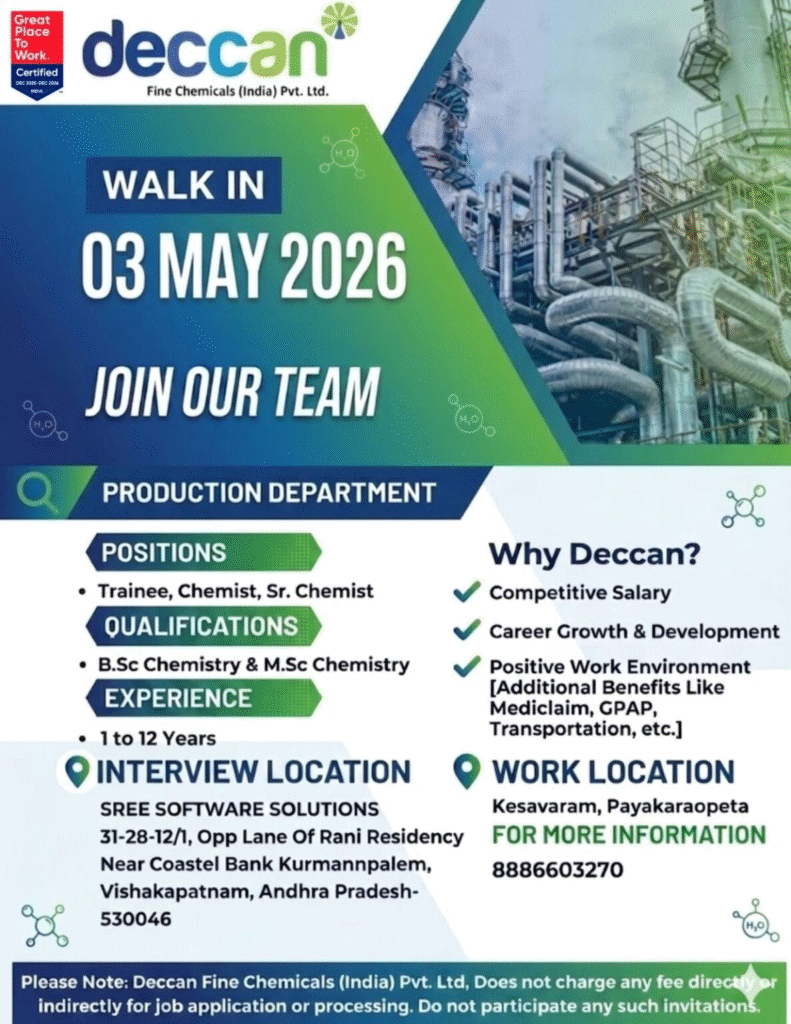 Deccan Fine Chemicals is conducting a walk-in interview on 3rd May 2026 for production jobs in its Manufacturing department.