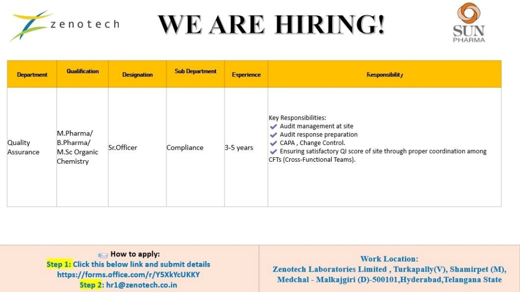 Zenotech Laboratories (a Sun Pharma company) is hiring an experienced Sr. Officer for QA Compliance at its Hyderabad facility.