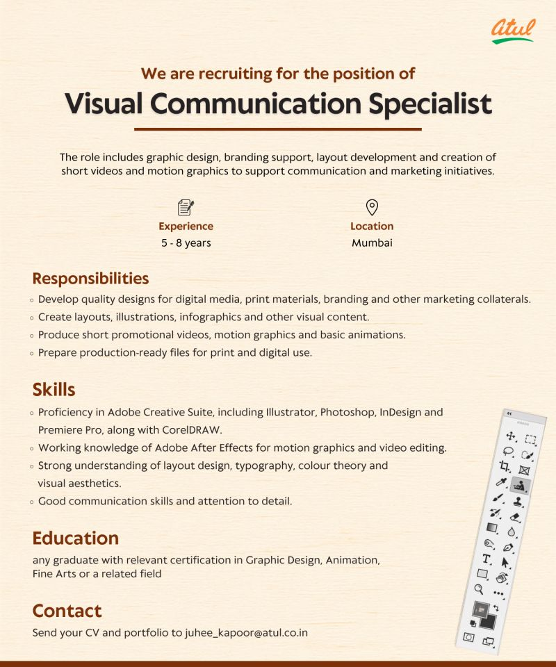 Atul Ltd is seeking a talented Visual Communication Specialist with 5–8 years of experience for its creative team in Mumbai.