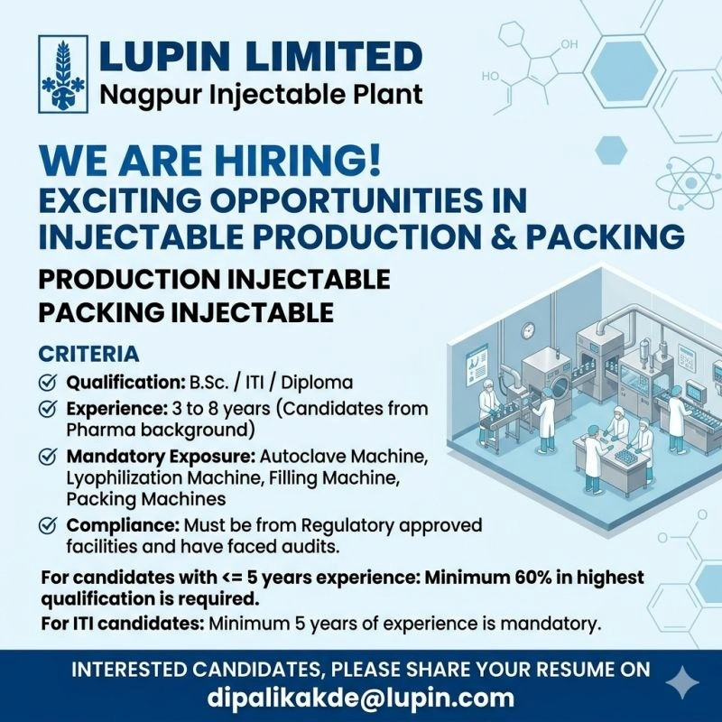 Lupin Limited is hiring experienced professionals for Production Injectable and Packing Injectable roles at its Nagpur plant.