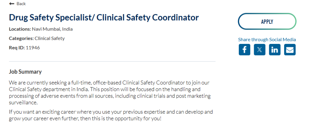 Medpace is hiring a Clinical Safety Coordinator for its Navi Mumbai office. This is a great opportunity for professionals with clinical research or pharmacovigilance background seeking pharma jobs, QA jobs, and pharmaceutical careers in India