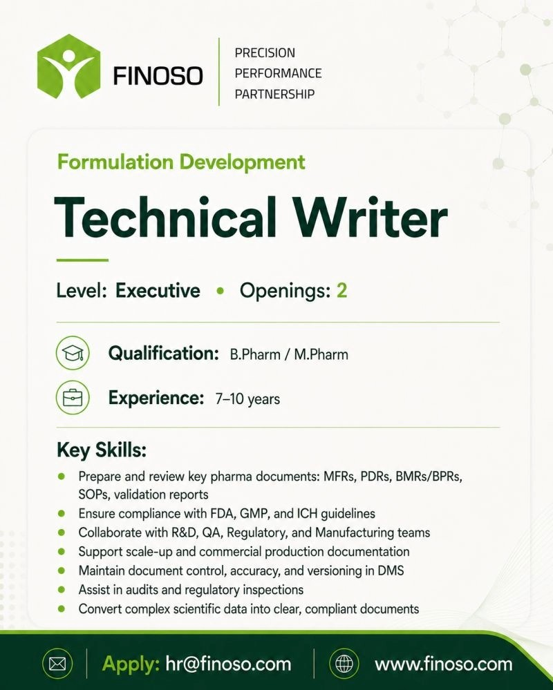 Finoso Precision is hiring talented professionals for Formulation Development and Technical Writing roles in OSD, Ophthalmic, Sterile Injectables, and Lyophilized products.