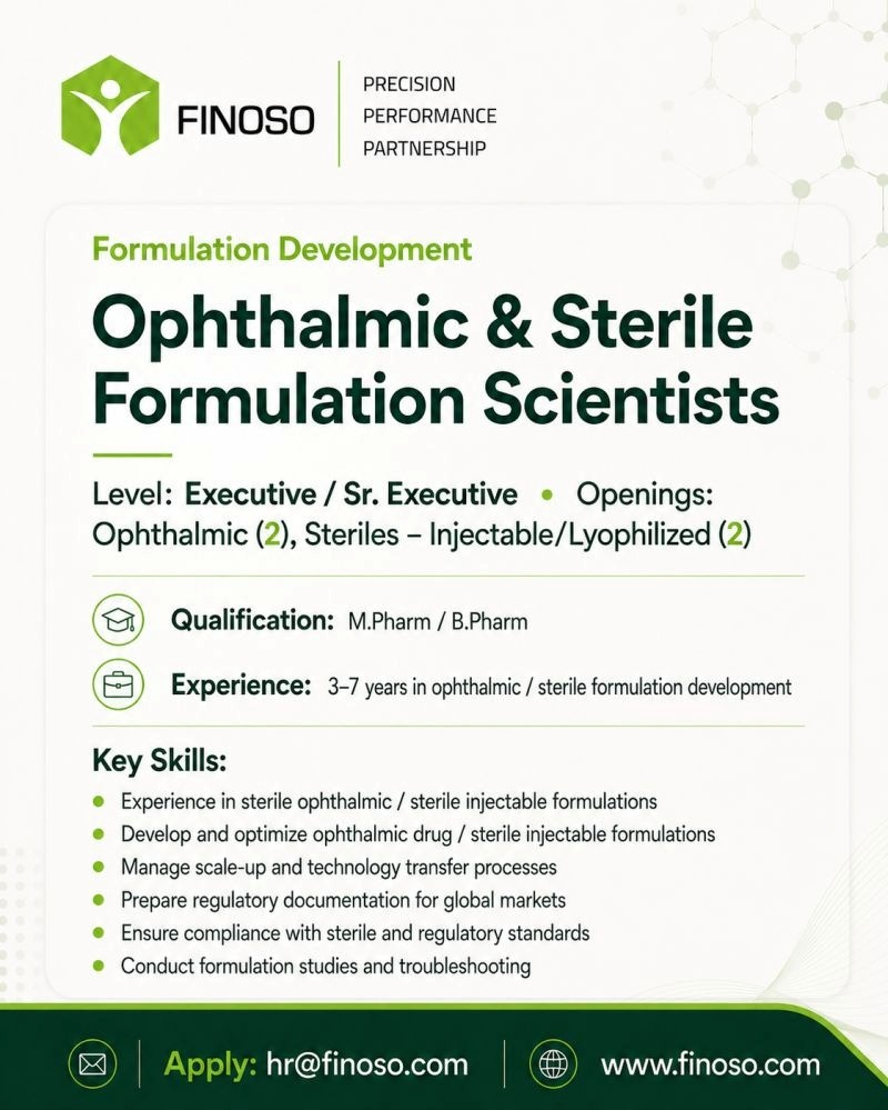 Finoso Precision is hiring talented professionals for Formulation Development and Technical Writing roles in OSD, Ophthalmic, Sterile Injectables, and Lyophilized products.