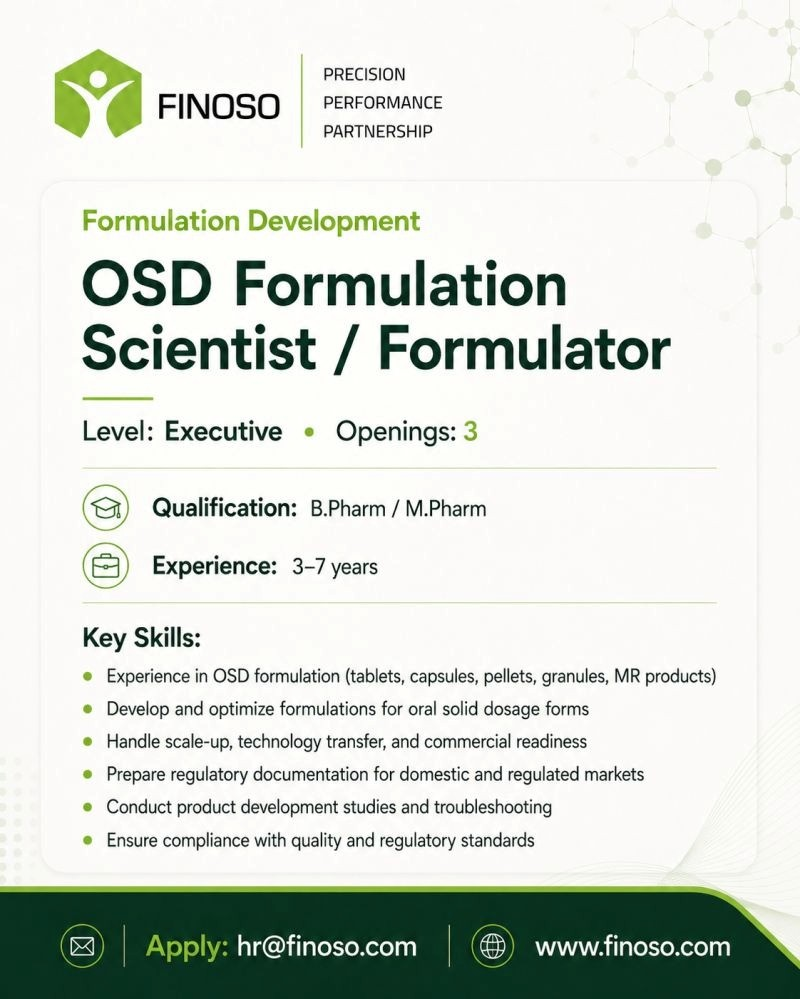 Finoso Precision is hiring talented professionals for Formulation Development and Technical Writing roles in OSD, Ophthalmic, Sterile Injectables, and Lyophilized products.