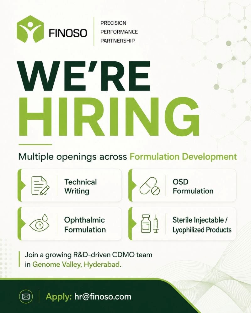 Finoso Precision is hiring talented professionals for Formulation Development and Technical Writing roles in OSD, Ophthalmic, Sterile Injectables, and Lyophilized products.