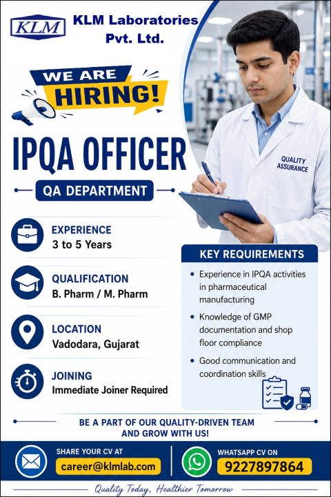 KLM Laboratories Hiring IPQA Officer – Quality Assurance