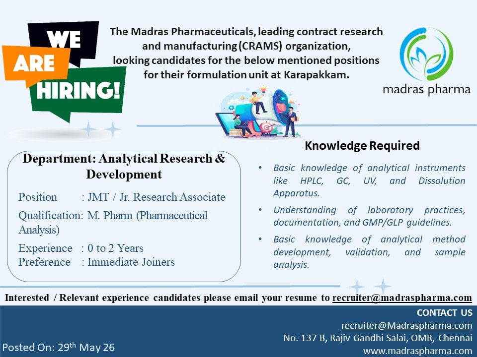 The Madras Pharmaceuticals Hiring Jr. Research Associate – Analytical Research & Development
