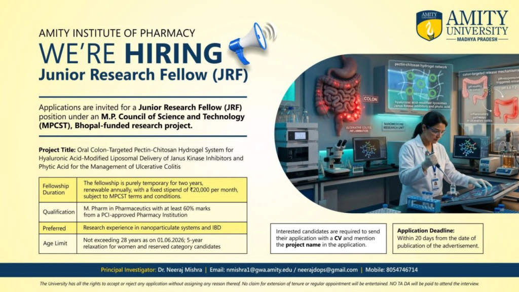 Amity Institute of Pharmacy Hiring Junior Research Fellow (JRF) – MPCST Funded Project | Gwalior