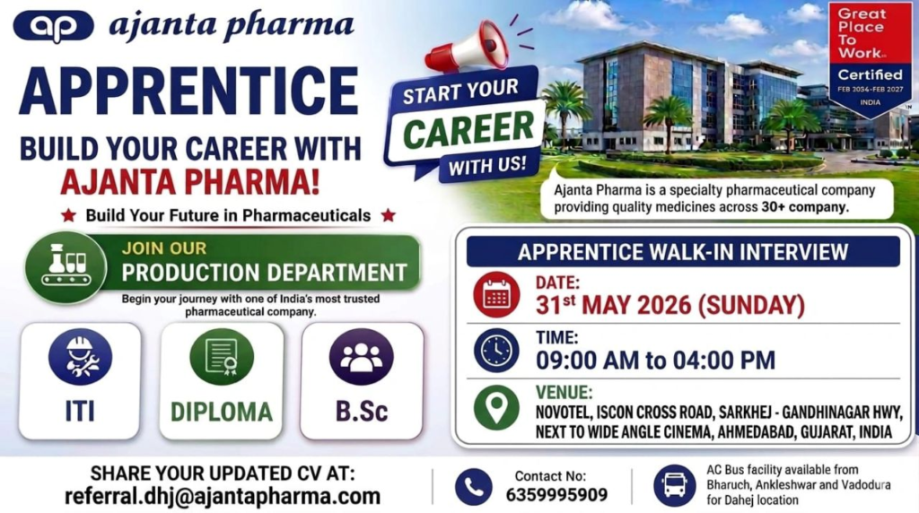 Ajanta Pharma Hiring Apprentices – Production Department | Walk-in Interview Ahmedabad on 31st May 2026