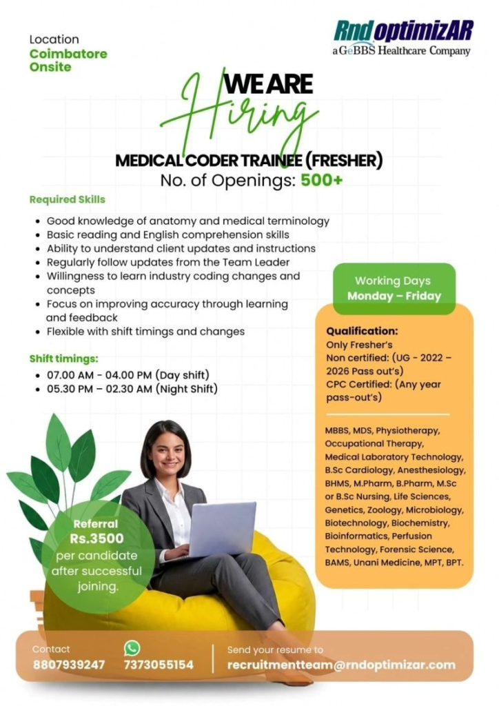 Rnd Optimizar, a GeBBS Healthcare Company, is hiring 500+ Medical Coder Trainees (Freshers) for onsite roles in Coimbatore.